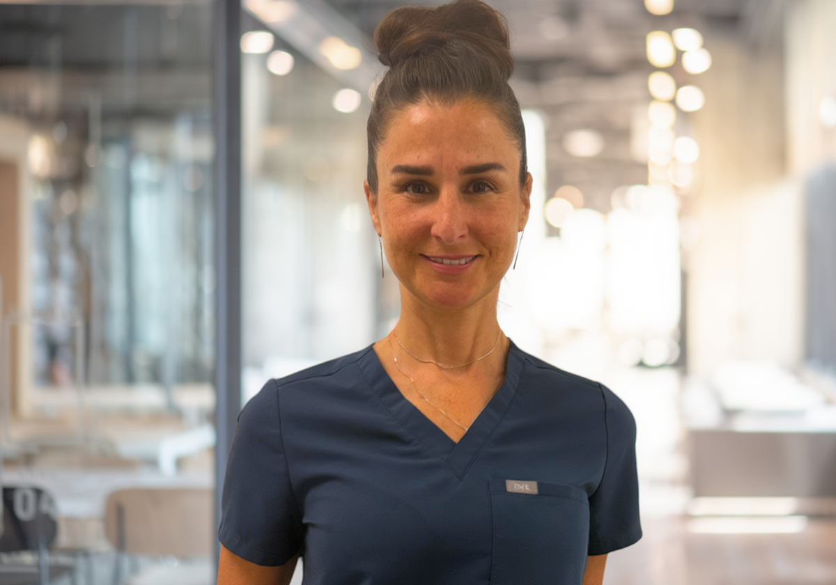 Healthcare professional in navy scrubs smiling in a bright clinic hallway.